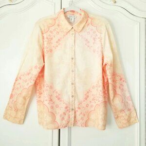 Rachel Zoe Peach Pink Boho Pattern Linen Blend Long Sleeve Button Front Top L